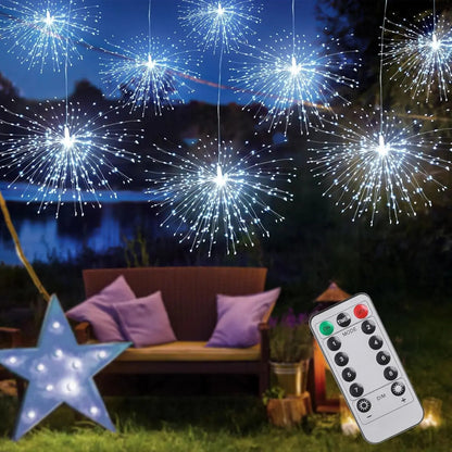 Luces LED colgantes tipo fuego artificial en terraza con control remoto