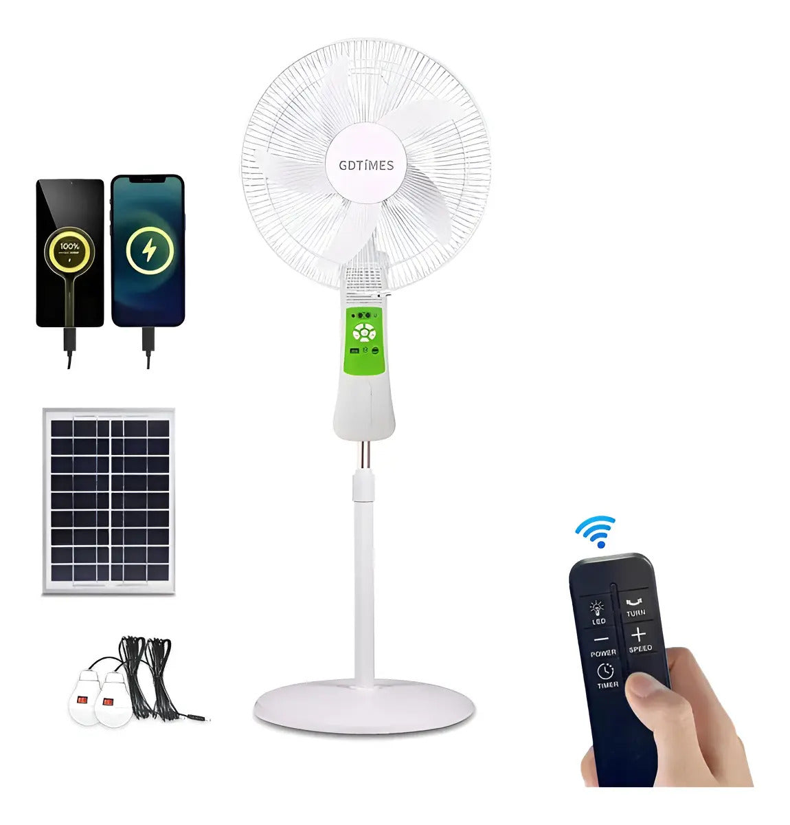 Ventilador solar de pedestal blanco con panel solar, control remoto y salida USB