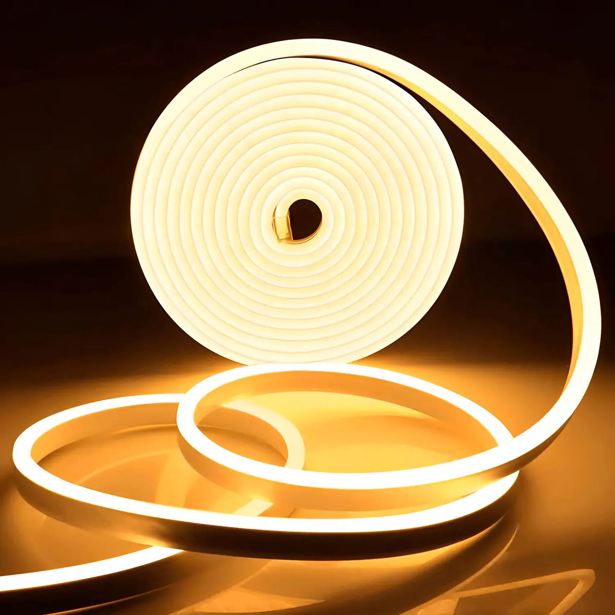 Cinta neón LED blanco cálido encendida en rollo de 5 m