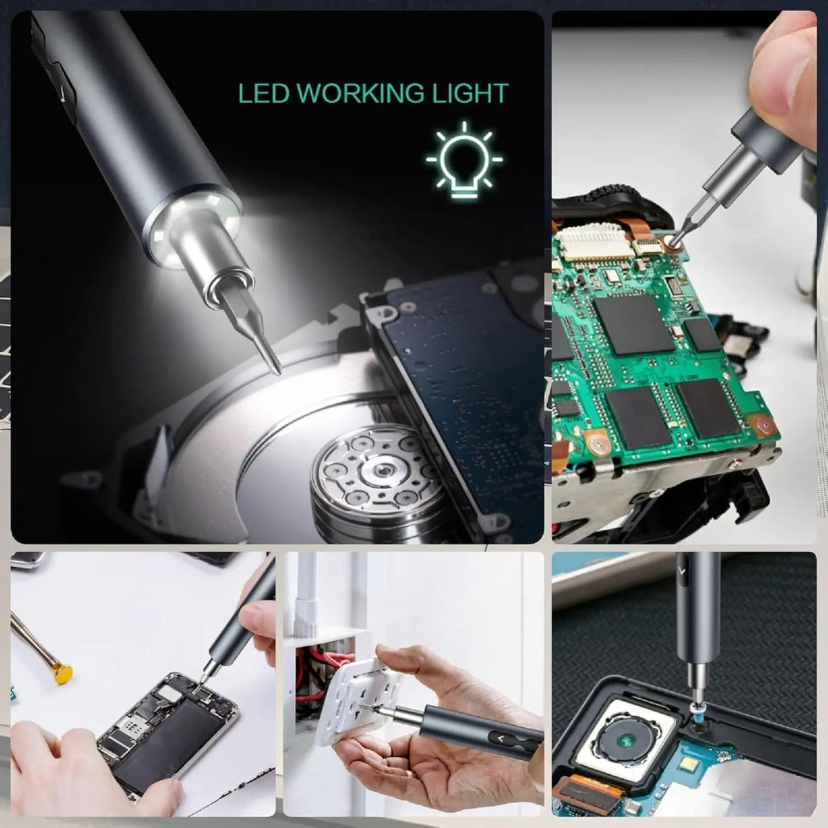Luz LED del destornillador de precisión en reparación electrónica