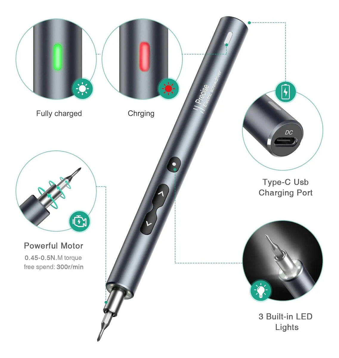 Destornillador de precisión con puerto USB-C y luces LED integradas