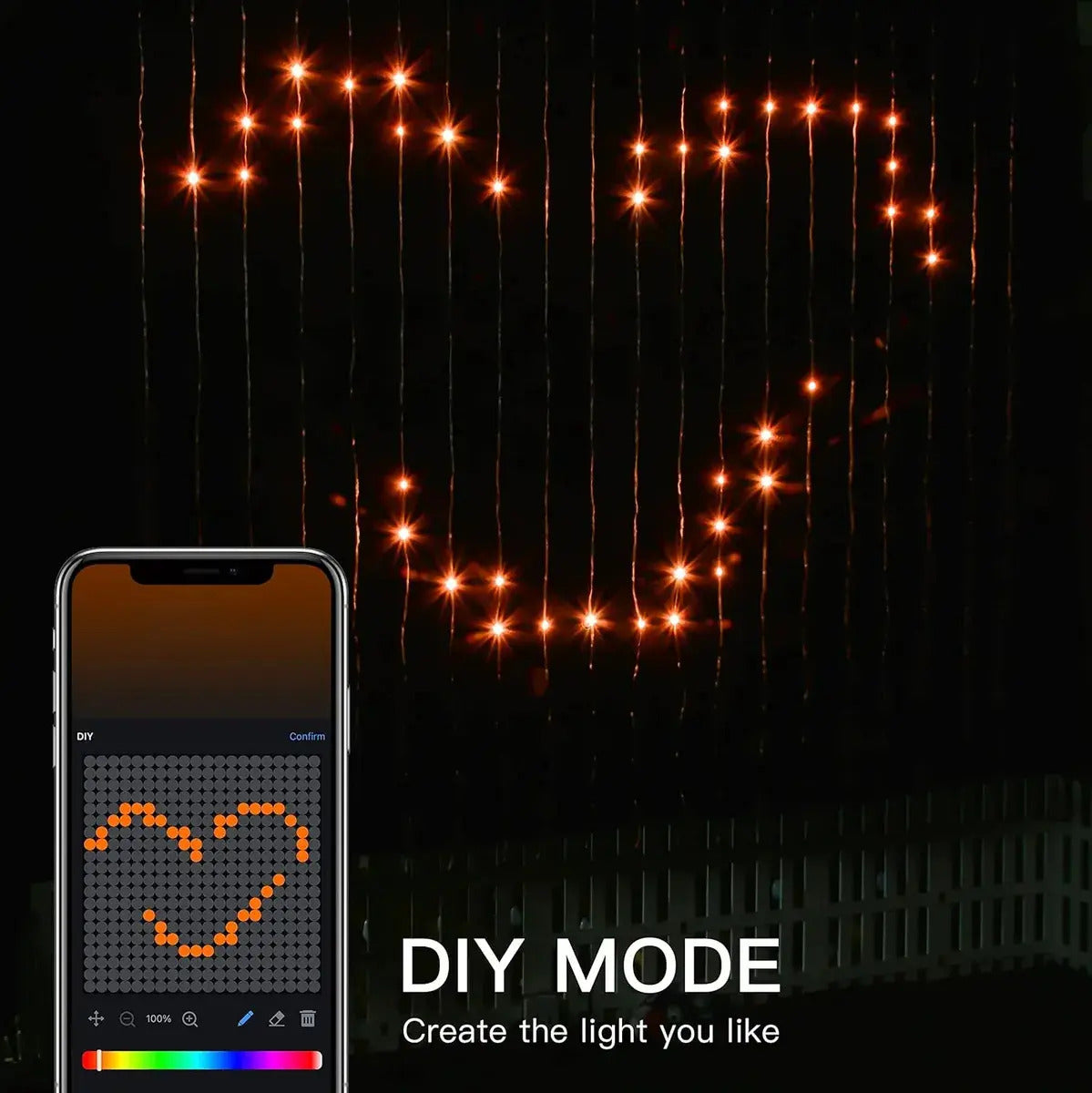 Diseño de corazón personalizado en cortina LED RGB con app