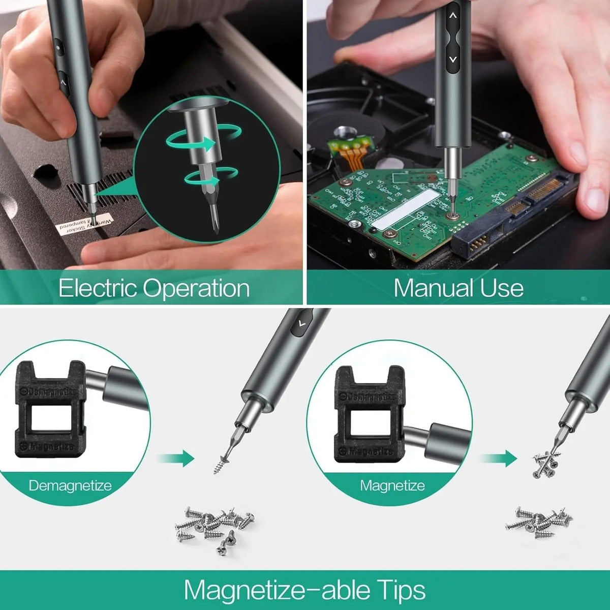 Uso eléctrico y manual con magnetizador de puntas incluido