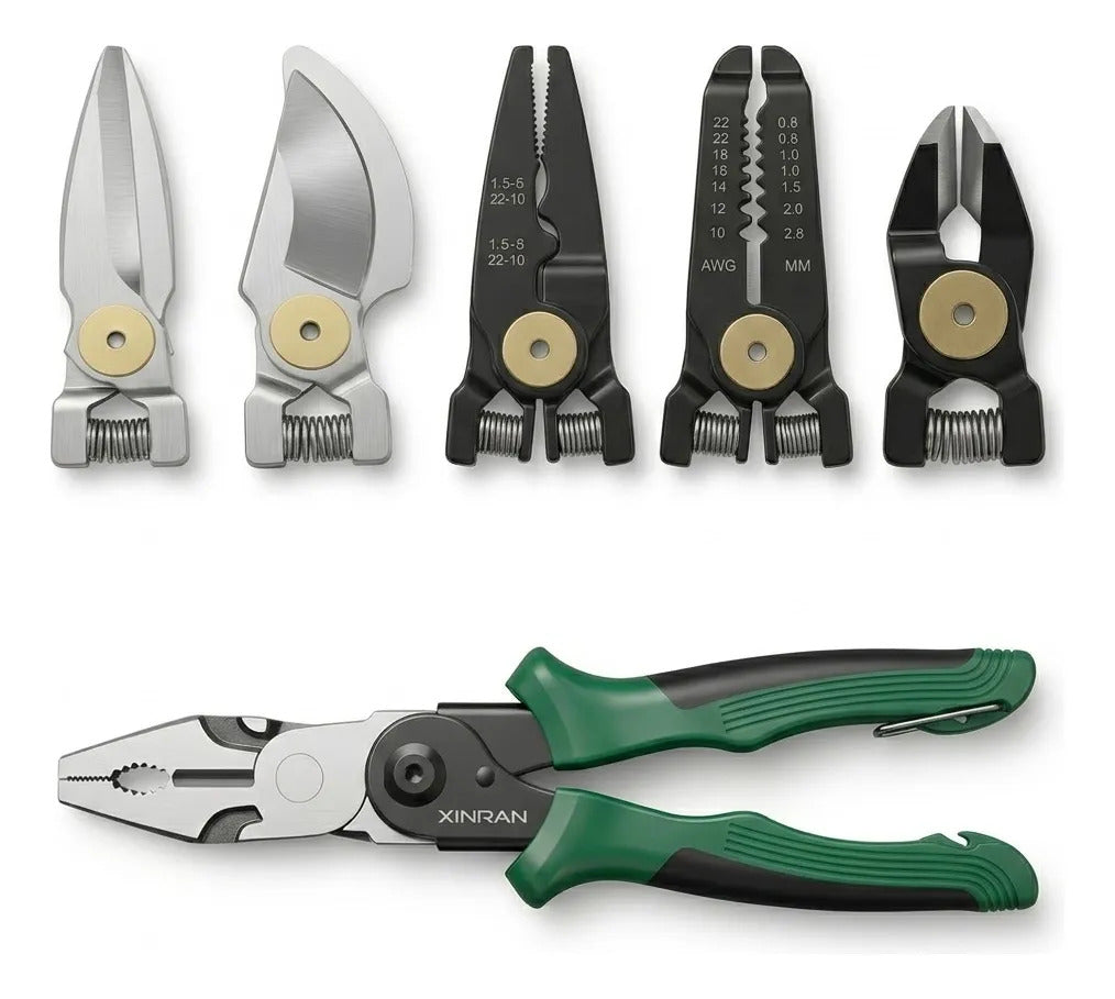 Set de alicate con cabezales para cortar, pelar y crimpar cables