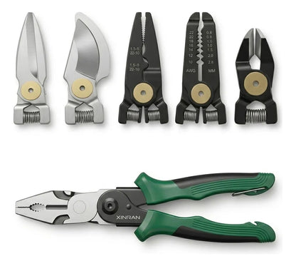 Set de alicate con cabezales para cortar, pelar y crimpar cables