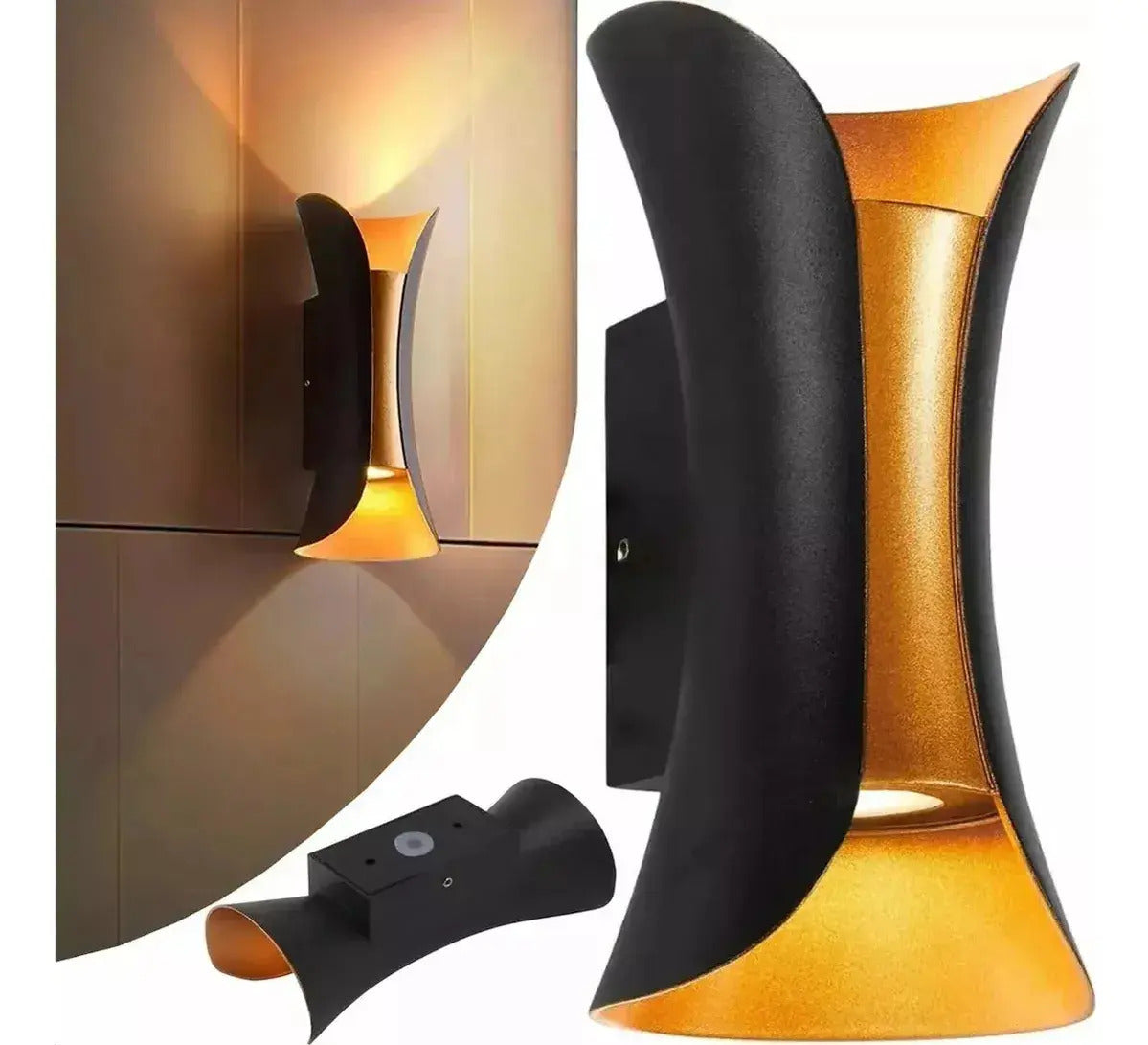 Aplique LED exterior negro y dorado con luz cálida bidireccional para muro