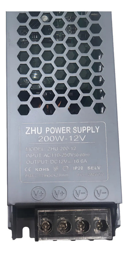 Detalle técnico de fuente de poder 12V 200W modelo ZHU-200-12