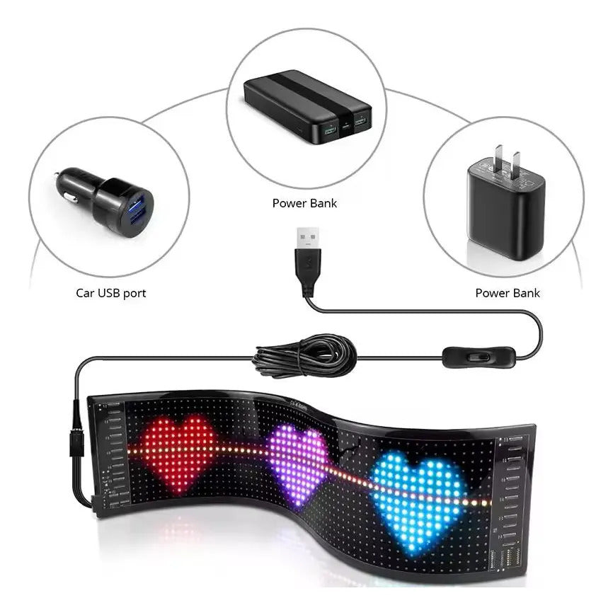 Letrero LED RGB instalado en ventana trasera de un automóvil