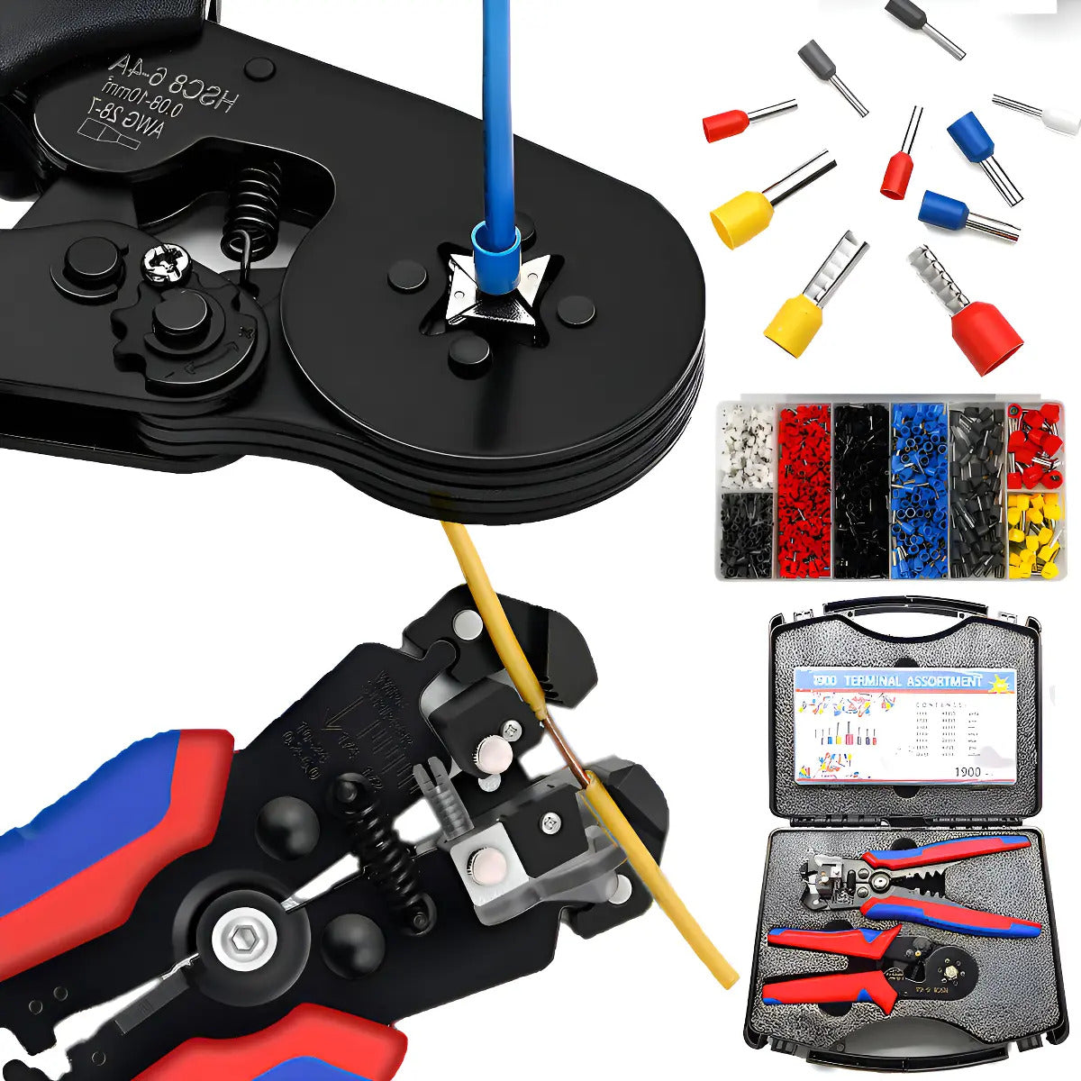 Kit de crimpeadora pelacables y 1200 terminales para trabajos eléctricos