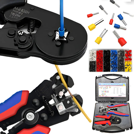 Kit de crimpeadora pelacables y 1200 terminales para trabajos eléctricos
