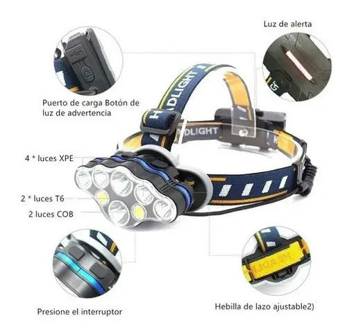 Linterna Cabeza 8 Led Recargable Con Baterías Incluidas