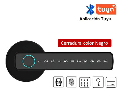 Cerradura inteligente Tuya negra con app, huella, clave y llave