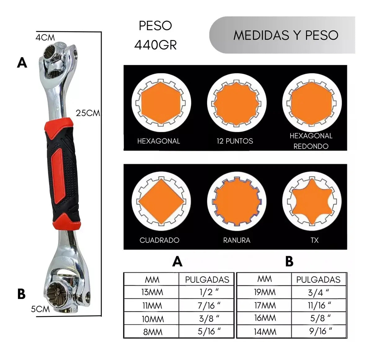 Medidas y perfiles compatibles de llave multiuso con cabezales giratorios