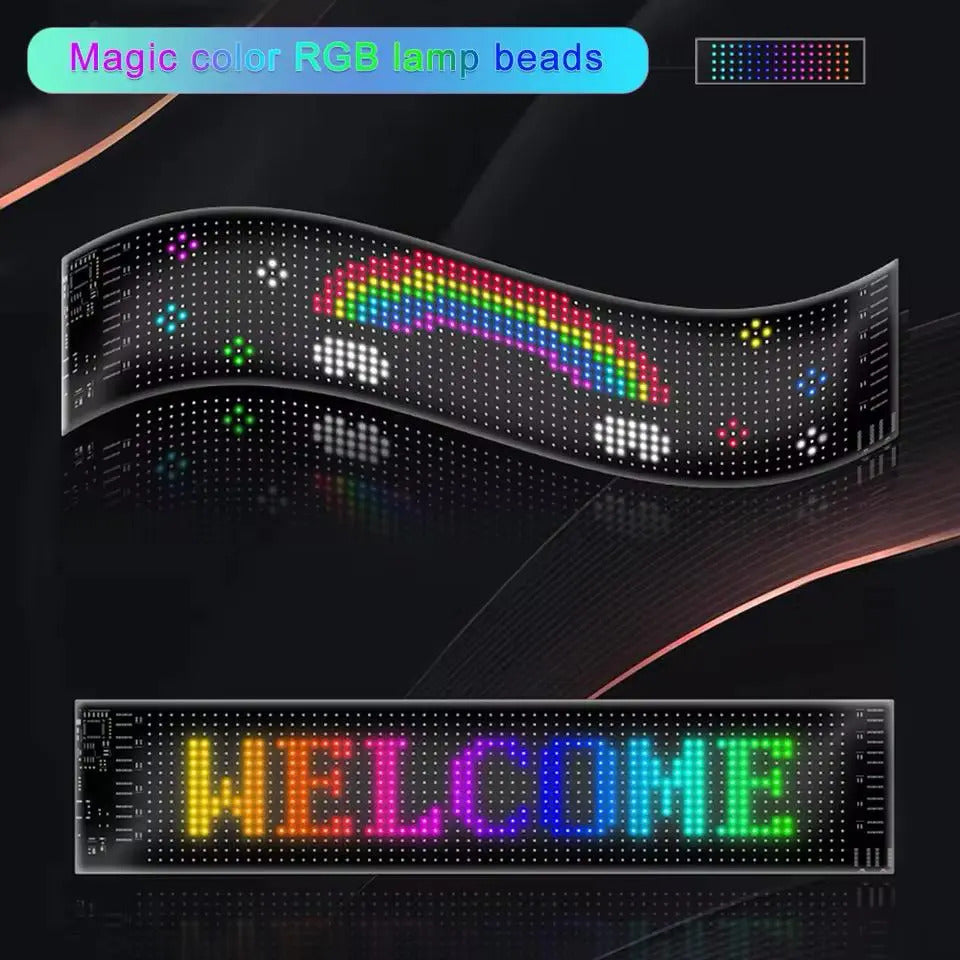 Letrero LED RGB mostrando textos, corazones y animaciones pixel