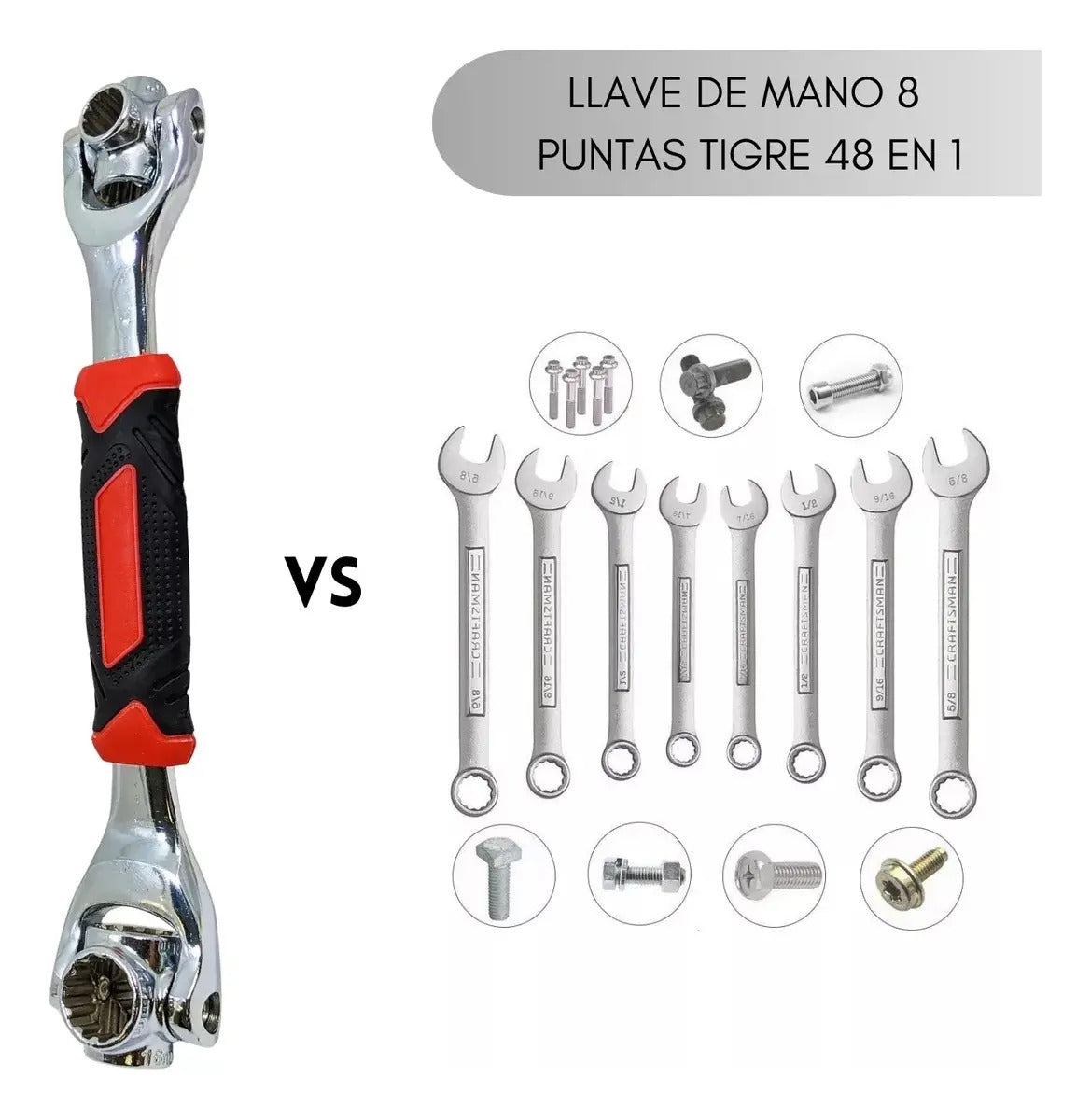 Llave 48 en 1 comparada con juego de ocho llaves convencionales