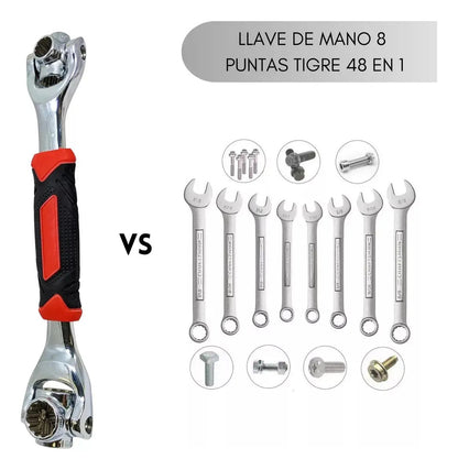 Llave 48 en 1 comparada con juego de ocho llaves convencionales