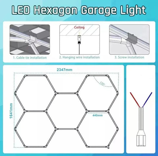 Panel de luz LED hexagonal para techo con medidas e instalación modular