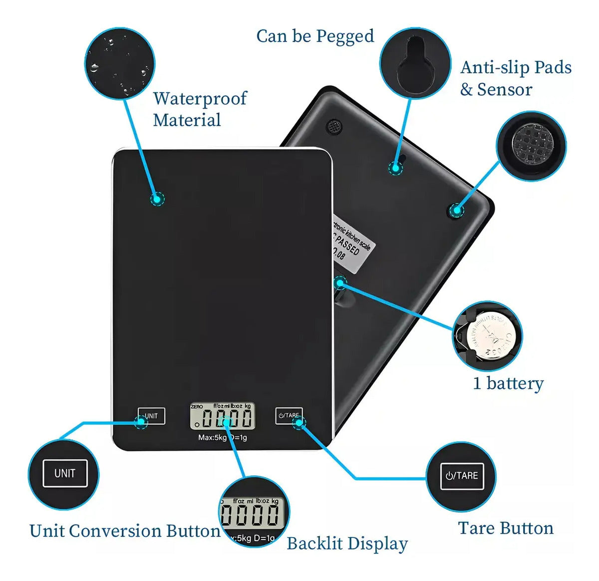 Báscula digital de cocina de alta precisión de 5 kg, color negro