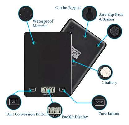 Báscula digital de cocina de alta precisión de 5 kg, color negro