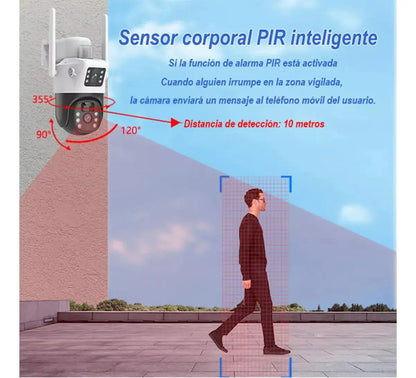 Cámara solar 360° wifi 4mp exterior inalámbrica doble lente