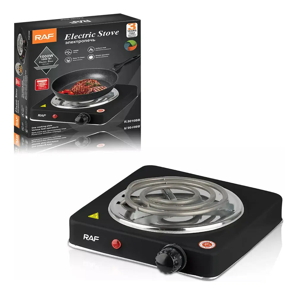 Cocina eléctrica negra de un quemador junto a su empaque