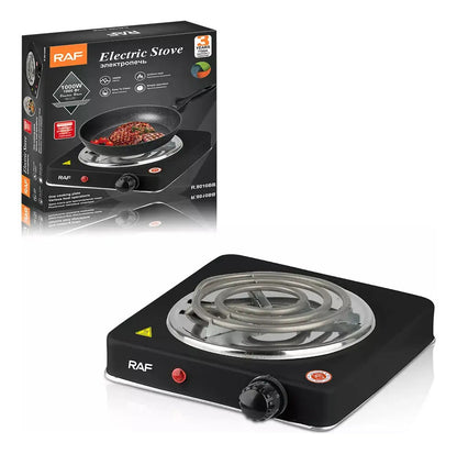 Cocina eléctrica negra de un quemador junto a su empaque