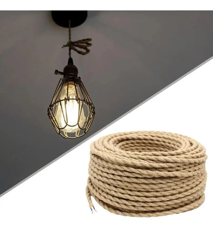 Cable eléctrico textil de yute con lámpara colgante tipo jaula