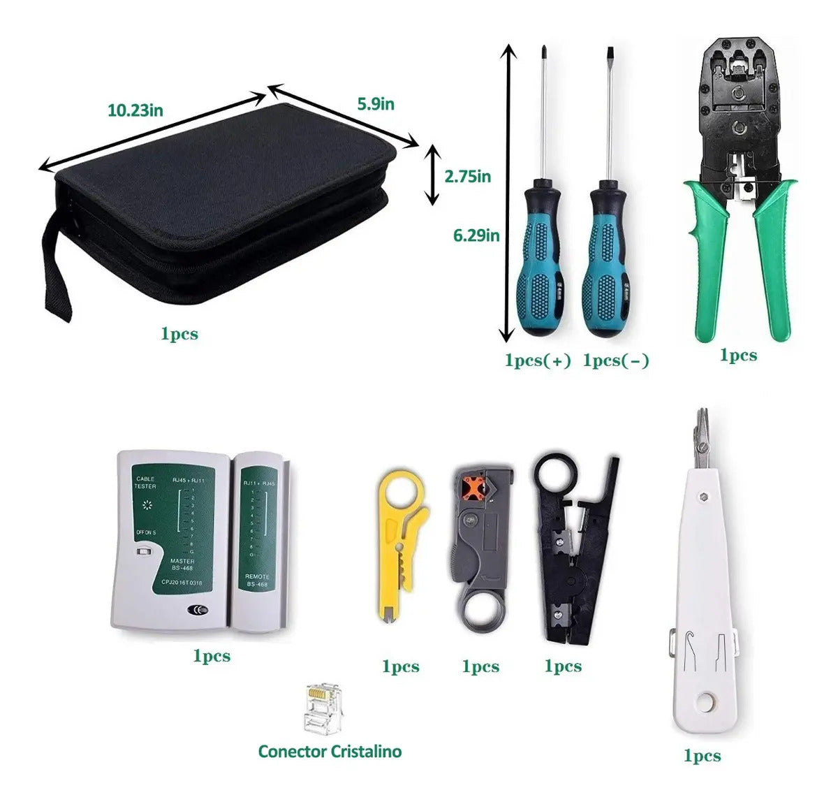 Kit de Herramientas de Red 11 en 1 con Tester y RJ45