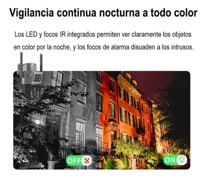 Cámara solar 360° wifi 4mp exterior inalámbrica doble lente