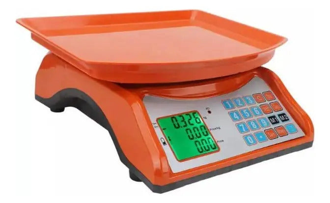 Balanza digital naranja con bandeja de 28 por 30 cm