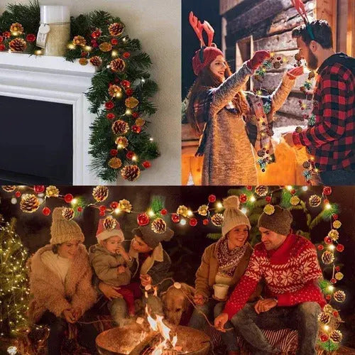Guirnalda navideña con luces decorando chimenea y reunión familiar