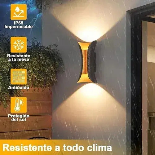 Aplique LED IP65 iluminando un muro exterior bajo lluvia
