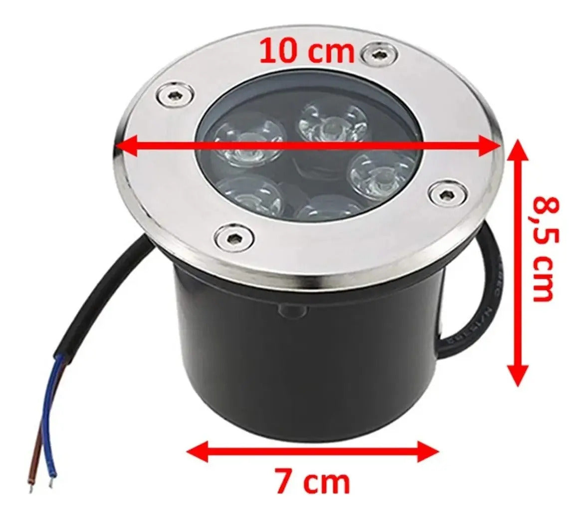 Vista superior del foco LED empotrable de piso con aro de acero inoxidable