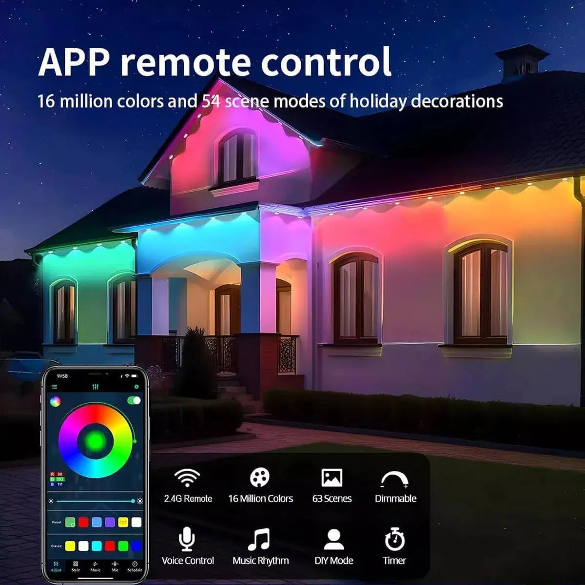 Cadena LED RGBIC Exterior 15 m con App y Control Remoto IP67 para Navidad Fiesta