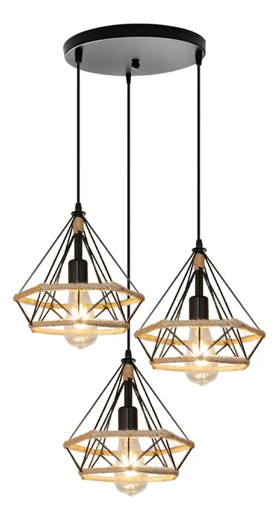 Lámpara colgante vintage de 3 luces con pantallas de cuerda y base redonda