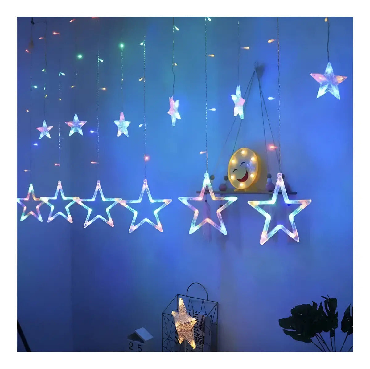Guirnalda solar multicolor con estrellas grandes y pequeñas para eventos