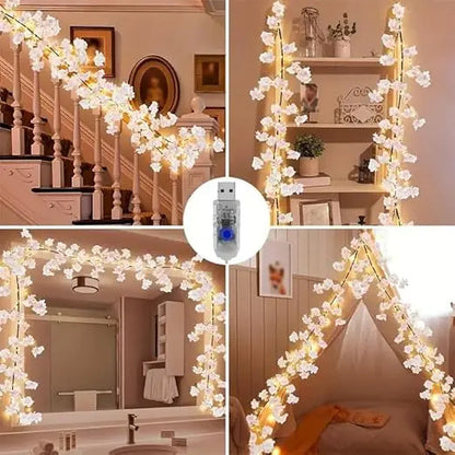 Guirnalda de luces flores de cerezo decorando escalera, repisa y dormitorio