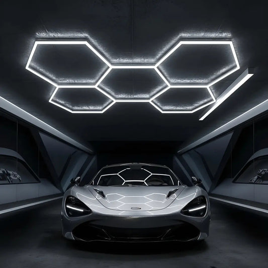 Lámpara LED hexagonal de techo para garaje, taller y lavadero de autos