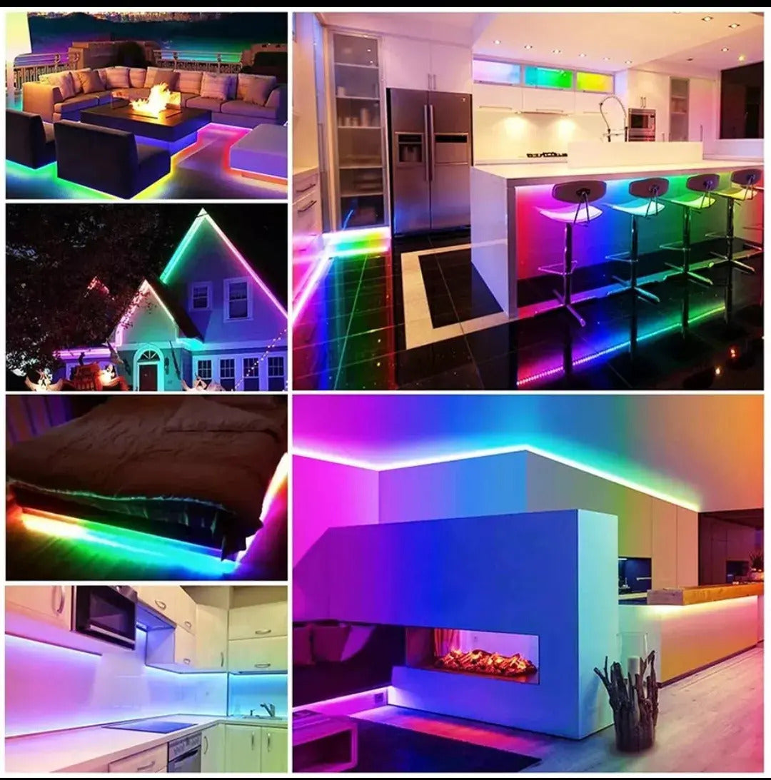 Cinta neón LED RGBIC instalada en cocina, dormitorio y living