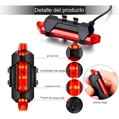 Detalles del puerto USB, indicadores LED y botón de la luz trasera