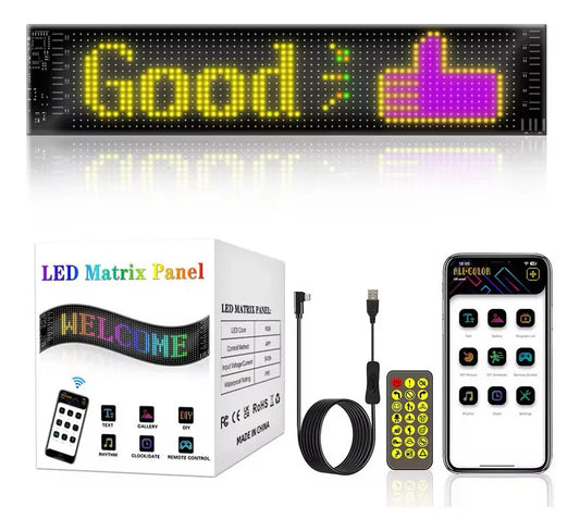 Letrero LED RGB pixel de 37×9 cm mostrando texto y símbolo