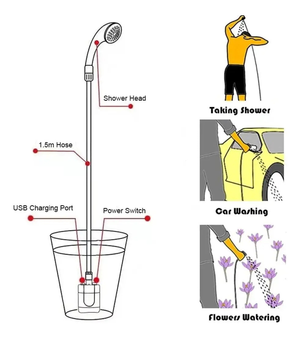 Ducha portátil con bomba sumergida en recipiente de agua