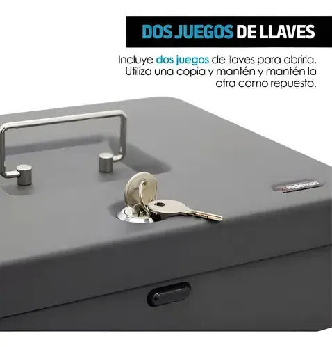 Caja de efectivo negra con asa y dos juegos de llaves para cerradura