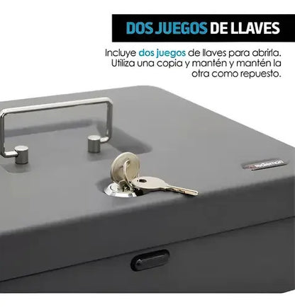 Caja de efectivo negra con asa y dos juegos de llaves para cerradura