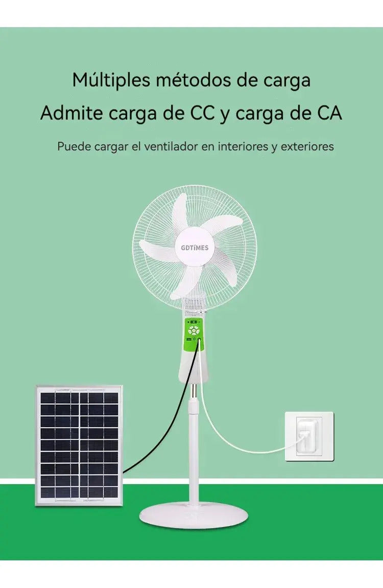 Ventilador de pedestal con panel solar y conexión a corriente para recarga