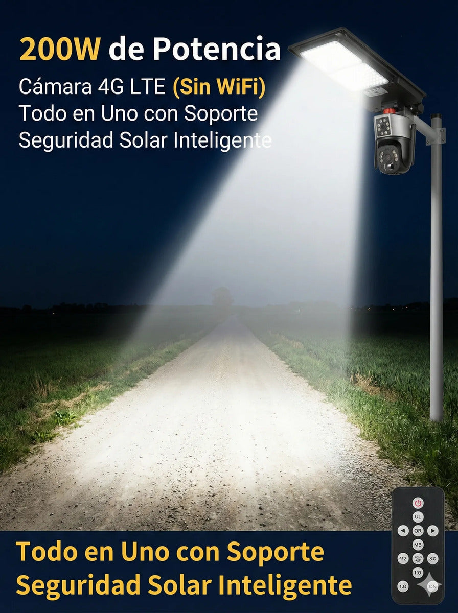 Foco Solar LED 200W con Camara 4G PTZ y Control Remoto para Exterior