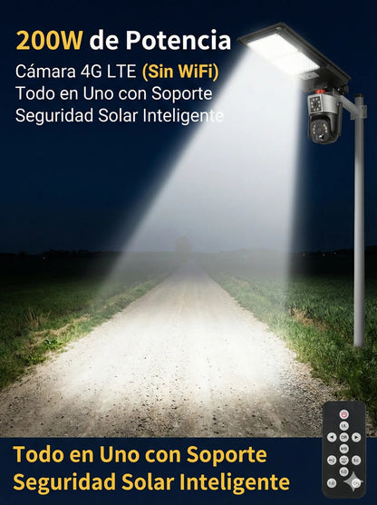 Foco Solar LED 200W con Camara 4G PTZ y Control Remoto para Exterior