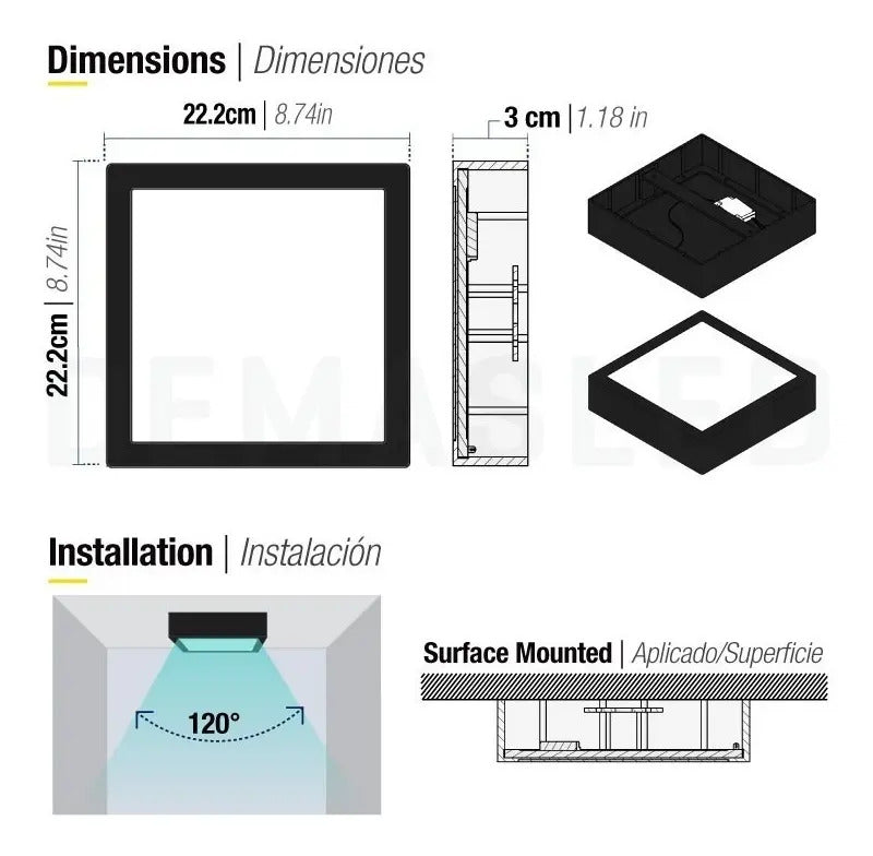 Foco Led Negro 18w Cuadrado 22x22 Cm Luz Fría