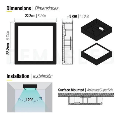 Foco Led Negro 18w Cuadrado 22x22 Cm Luz Fría