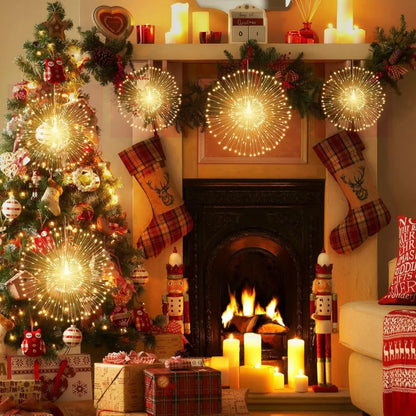Luces LED cálidas efecto fuego artificial en árbol y decoración navideña